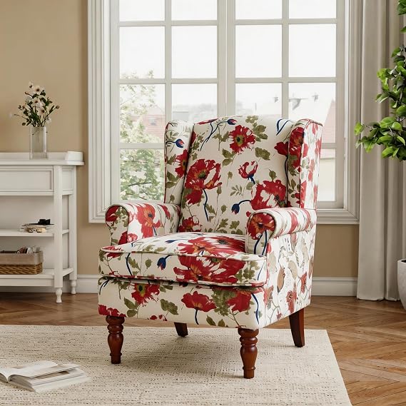 Wingback Armchair, Retro Accent Chair Soft Padded Fabric Lounge Padded Sofa, Retro Vantage Leisure Armchair for Living Room Bedroom - Solid Wood Frame - Red