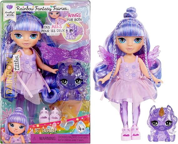 Rainbow High Littles Rainbow Fantasy Fairies + Pet Amethyst, Purple 5.5" Posable Small Doll & Fantasy Pegasus Unicorn Pet with Interchangeable Fairy Wings, Kids Gift 4+