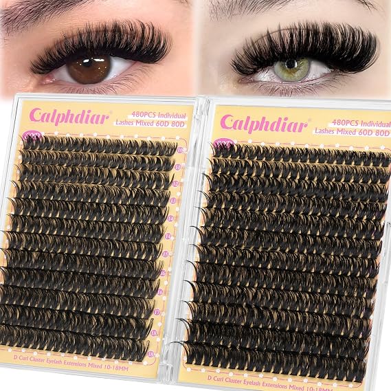 calphdiar Lash Clusters 60D+80D Thick Individual Eyelashes 480PCS Wispy Cluster Lashes Russian Lashes Individual Cluster Fluffy D Curl Eyelash Clusters 10-18mm for DIY Volume Lash Extensions