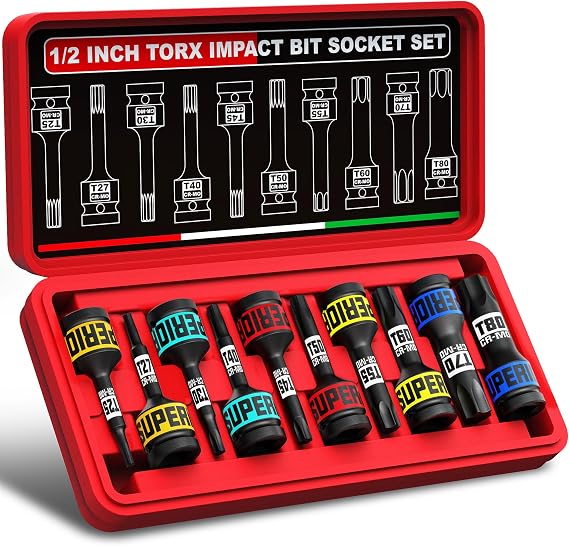 1/2 Inch Impact Torx Bit Socket Set，T25-T80 Star Bit Socket Set 10 Piece for Mechanical Repair