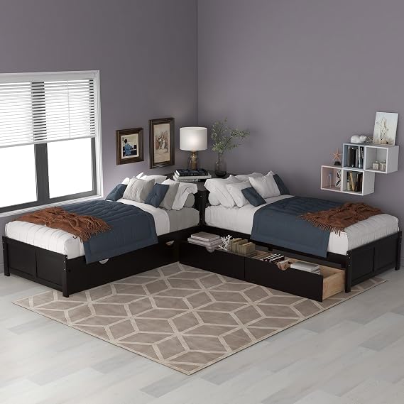 Bellemave L-Shape Twin Platform Beds with Trundle Wood Corner Daybed with 2 Storage Drawers and Desk for Living Room, Kids/Teens Bedroom, Guest Room, Espresso