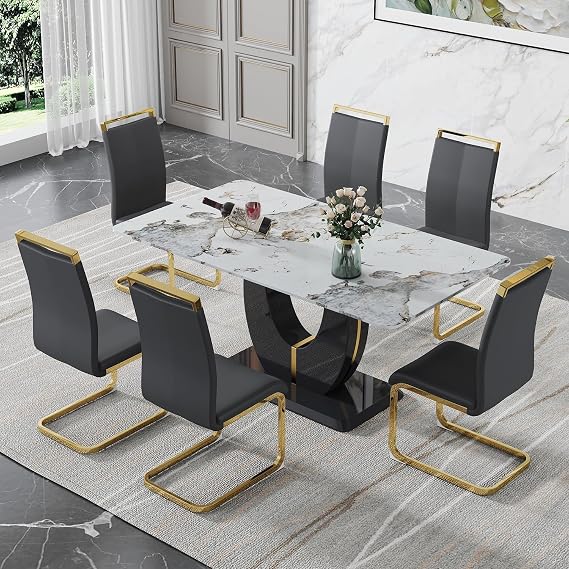 JUFU Dining Table Set for 6, 71'' White Marble Dining Table and Chairs, Modern Kitchen Table Set for 6 with PU Leather Upholstered Dining Chairs, Dinner Table Set for Dining Room and Kitchen
