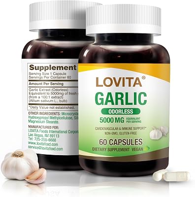 LOVITA Odorless Garlic Capsules, 5000mg Fresh Garlic Equivalent, 1.25% Allicin Extract, Supports Heart, Blood Pressure, Cholesterol & Immune System, Non-GMO, Gluten-Free, 60 Vegan Capsules