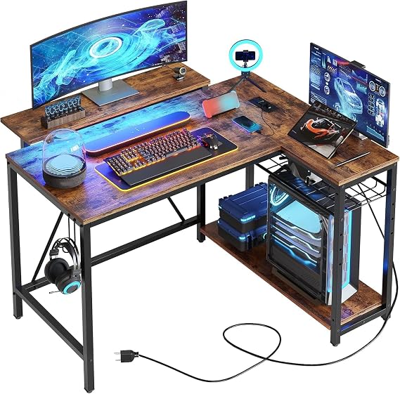Bestier 42-Inch L-Shaped Gaming Desk with Charging & LED, Rustic Brown