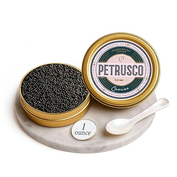 Petrusco American Paddlefish Caviar Spoonbill Roe Wild Caught 1oz Tin | Sustainably Wild Caught Ohio River Paddlefish Roe With Mild Buttery Earthy Flavor For Premium Gourmet Caviar Dining