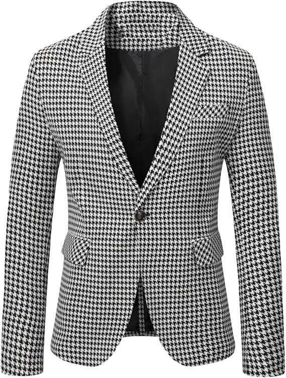 Mens Premium Houndstooth Plaid Slim Fit Tuxedo Prom Wedding Groom Suits Casual One Button Blazer Jacket Sport Coat
