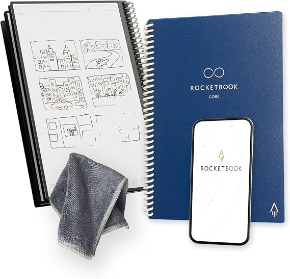 Rocketbook Core Reusable Spiral Notebook, Executive Size 15 cm x 22.4 cm, Navy Blue - Dotted Pages, App-Connected, Erasable, Durable Cover, Ideal for School, Work, and Creative Projects