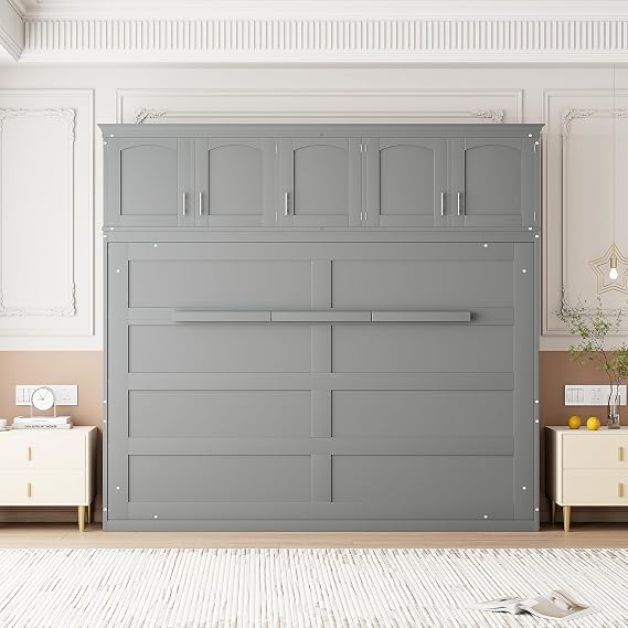 Queen Size Murphy Bed Wall Bed with Top Cabinets, Solid Wood Wall Bed can be Folded into a Cabinet for Small Spaces Apartments Studio Guest Room (Gray+Cabinet)