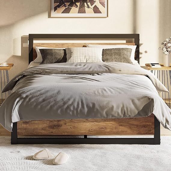 IDEALHOUSE Full Size Bed Frame with Wooden Headboard and Footboard, Metal Full Bed Platform No Box Spring Needed, 14 inch Easy to Assemble Noise Free Full Bed Frame, Rustic Brown