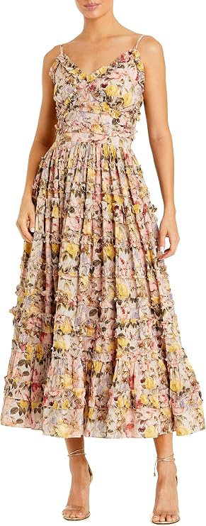 Mac Duggal Floral Print Ruffle Spaghetti Strap Midi Dress