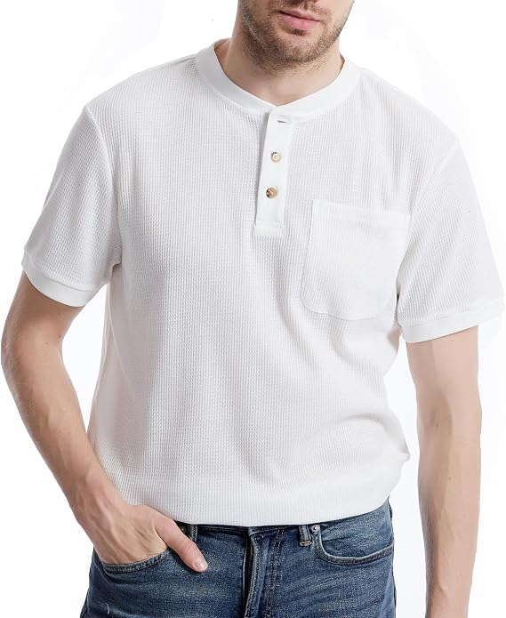 Men's Henley Shirts Short Sleeve Waffle Casual Basic Tees Classic Henley Summer Solid T Shirts with Pocket
