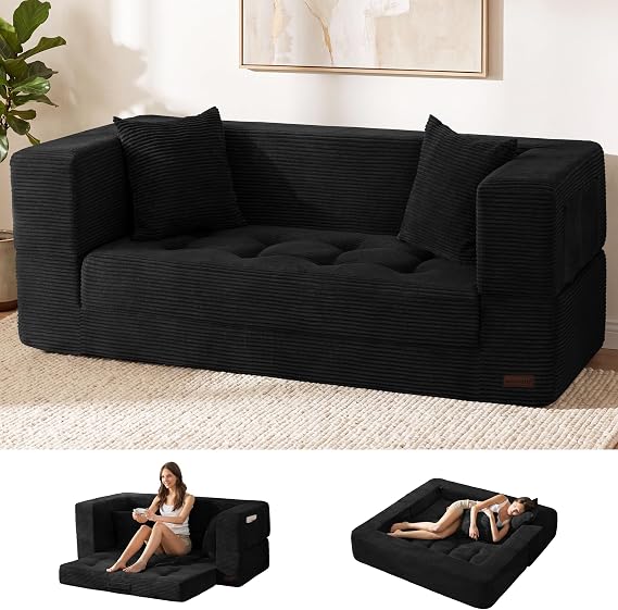 MAXYOYO 63" Folding Sofa Bed, Convertible Boneless Couch with Pillow