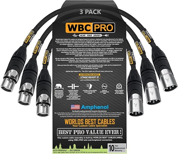 3ユニット - 6インチ - WBC-PRO-Quadウルトラサイレントウルトラフレキシブルバランススタークワッドケーブル、アンフェノールオス&メスXLRプラグ&ブラックツイードジャケット付き。
