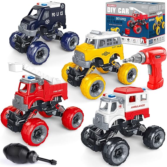 LUDILO Take Apart Toys for 6 Year Old Boy Gifts Kids Boy Toys Age 4-6-8 | 4PCS City Bus Ambulance Police Car Toy Fire Truck/Stem Assembly Electric Drill/Bday Gifts Toys for 3 4 5 6 7 Year Old Boys