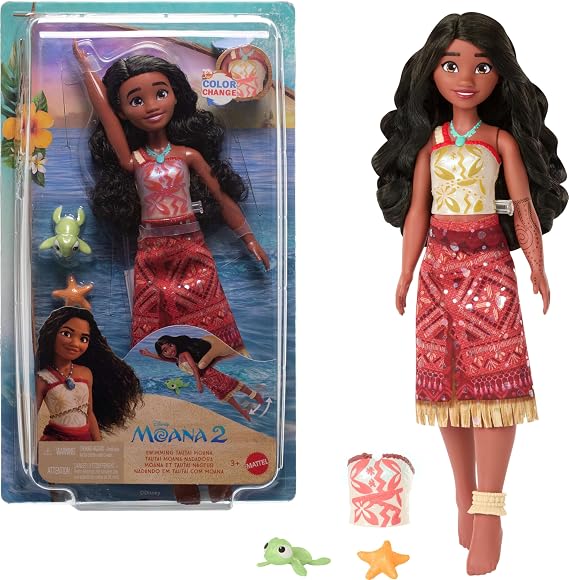 Mattel Disney Moana 2 Toys, Swimming Tautai Moana Fashion Doll with 2 Accessories, Color-Change Bodice & Kicking Legs, Inspired by the Movie