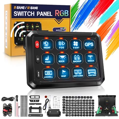BraveWAY 12 Gang Switch Panel RGB Wireless Automatic Dimmable Control Pod Multifunction Push Button Car LED Touch Switch Box Universal for Truck SUV Pickup UTV ATV Boat Marine,