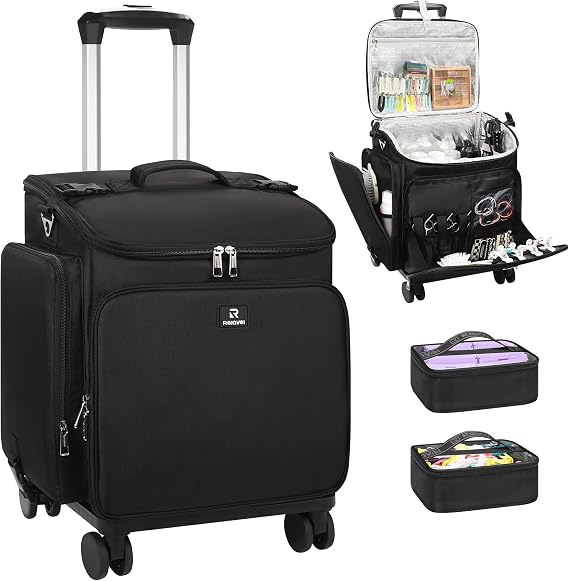 Relavel Rolling Makeup Case, Hair Tools Travel Bag Cosmetology Case on Wheels with 2 Clear Bags, Professional Hairstylist Bag Makeup Artist Storage Train Case Barber Organizer with 360° Spinner Wheels