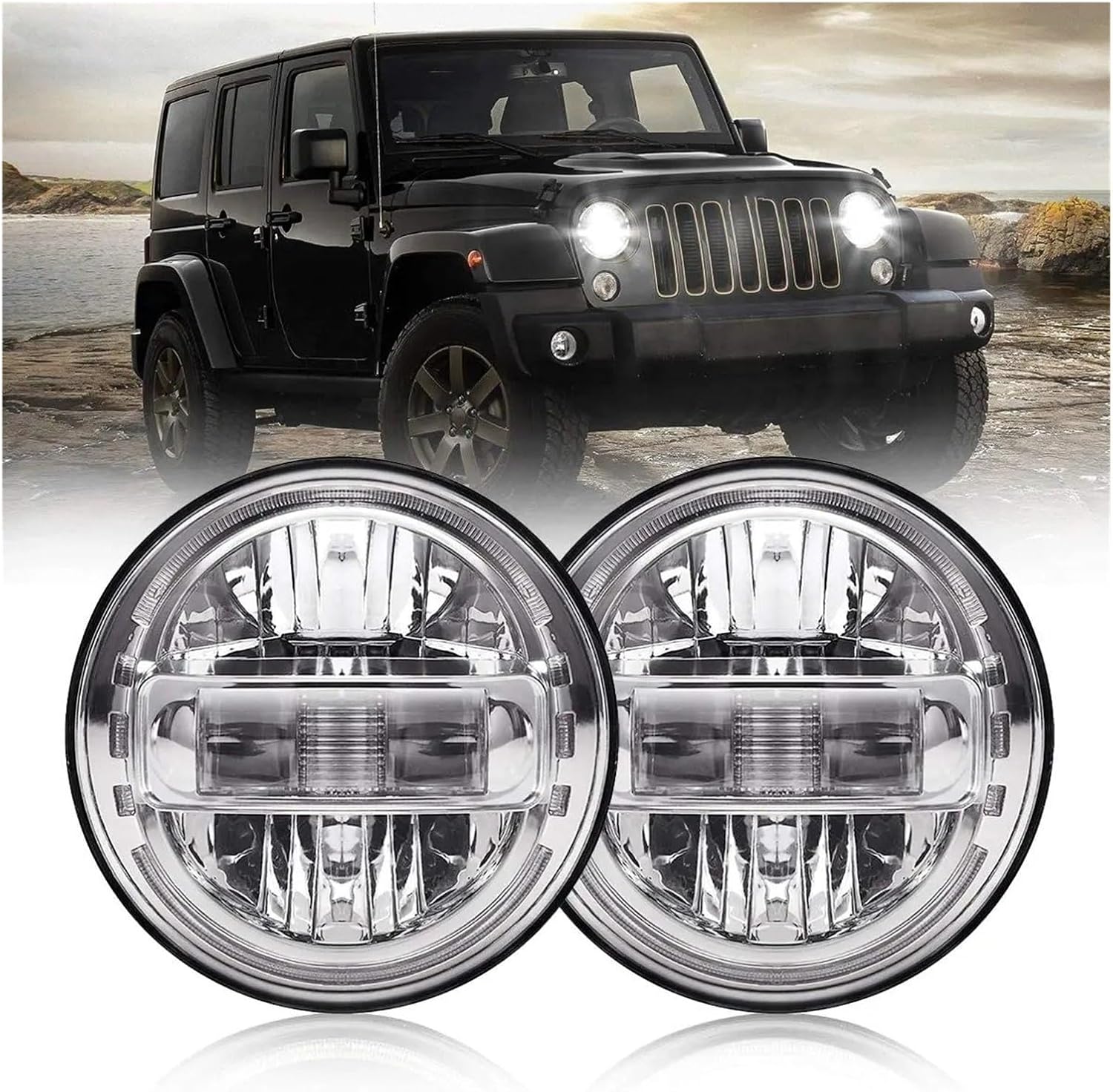 LENTLY Headlamp 7'' Led Headlight For Lada For Niva 4x4 H4 High Low Beam Round Headlamp Cars Running Lights Headlight Assembly(2piece Silver)