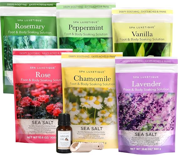 spa luxetique Bath Salts Gift Set 6-Pack, Foot and Body Sea Salts for Soaking, Wooden Scooper, 0.5oz Argan Oil, Bath Salts for Women Relaxing, Mother's Day Gifts for Mom, Christmas Gifts for Her