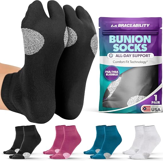 BraceAbility Bunion Relief Socks - Split-Toe Bunion Socks for Women and Men with Arch Support, Big Toe Separator, Hallux Valgus and Bunionette Relief, Left and Right Fit