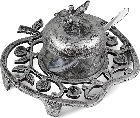 Zion Judaica Apple Shaped Honey Dish with Glass Dish & Spoon Antique Silver Finish Honey Jar for Rosh Hashanah Apple and Honey Dipping Tradition Jewish New Year Gift