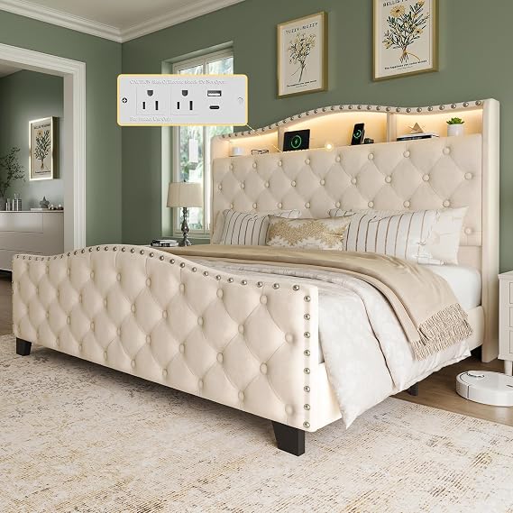 Belffin Platform Bed Frame with 50.9" LED Headboard, Queen Beige
