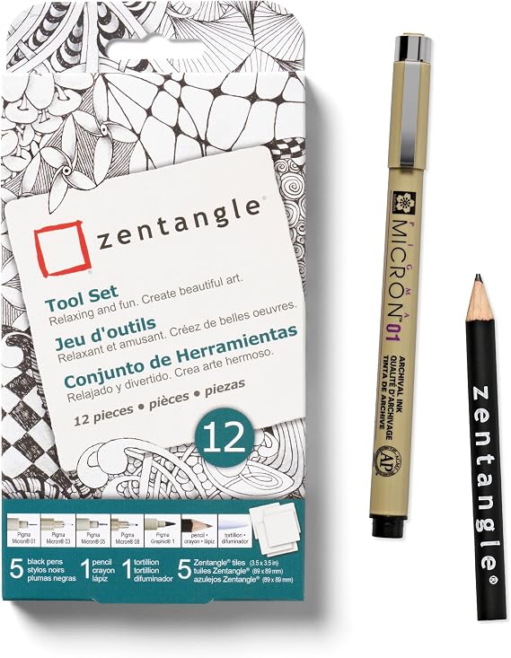 SAKURA Zentangle Tool Set, White Paper Tiles, 3.5 Inch, 12 Piece Set