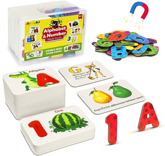 Magnetic Numbers and Alphabets Flash Cards Set - ABC Letters and Numbers Animal Pattern Board Matching Puzzle Games for Group Play, Montessori Educational Toys for Preschool Kids Age 3 4 5 Years