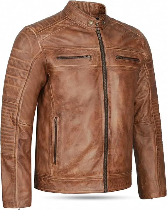 Leatherick Mens Distressed Tan Brown Genuine Leather Cafe Racer Biker Jacket Retro Style Vintage Jacket