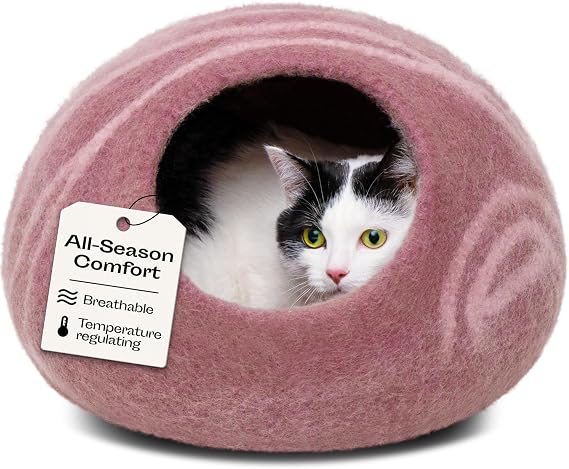 MEOWFIA Cat Cave - Merino Wool Bed for Indoor Cats (Rose Gold, Large)