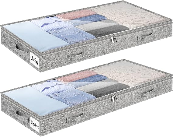 Underbed Storage Bags 2 Pack, 10cm Tall Large Under Bed Storage Box with zip, Foldable Shallow Wardrobe Storage Organiser with Clear Window & Reinforced Handle for Clothes, Blankets, Shoes, Bedding