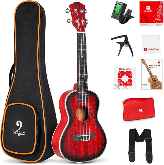 Vangoa 26‑Inch Tenor Ukulele Kit, Mahogany Starter Uke for Beginner, Red