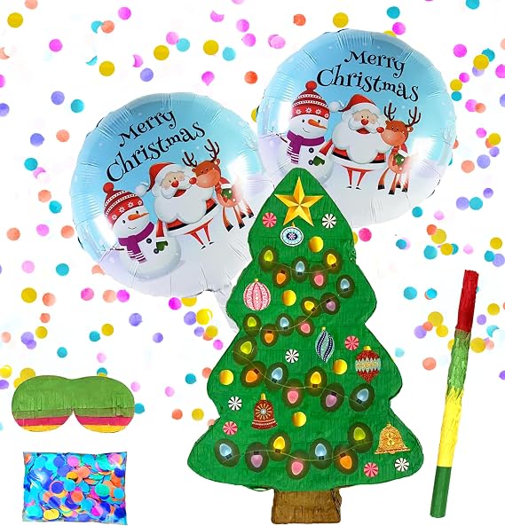 Christmas Tree Pinatas, Festive Christmas Decorations for Themed Celebrations and Holiday Party Games Includes Busterstick, Blindfold, Confetti and 2 Chirstmas Ballons