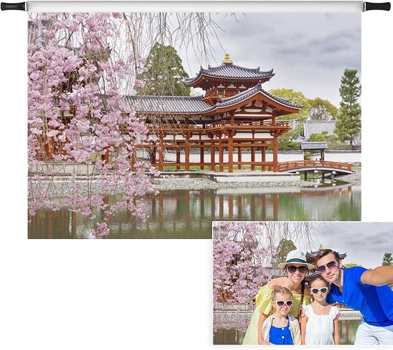 5x3ft Japanese Scenery Backdrop, Spring Blomming Pink Cherry Blossom Sakura Tree River Vintage Building Tokyo Landscape Photography Background for Birthday Wedding Bridal Travel Portrait