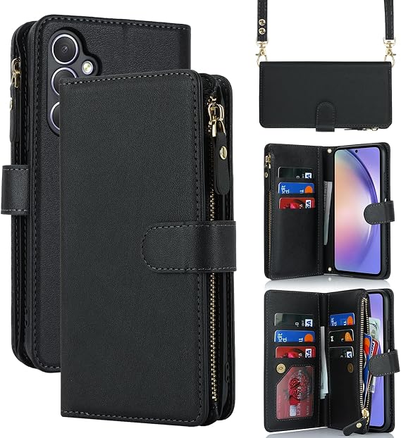 Crossbody Wallet for Samsung Galaxy A54 Case with Strap,5.4",Black