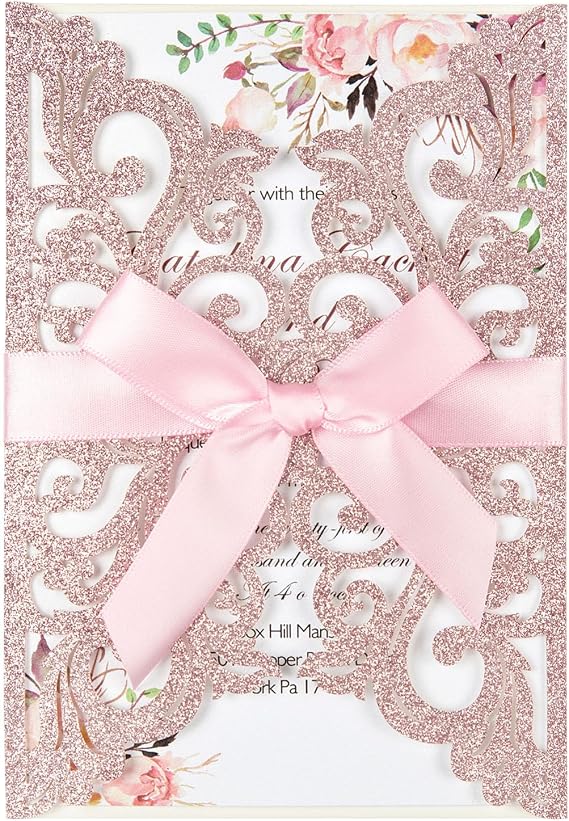 50PCS Wedding Invitation Pink Laser Cut Quinceanera Invitations Customized