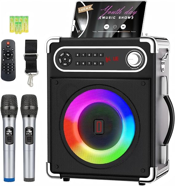Karaoke Machine with 2 Wireless Microphones, Portable Bluetooth Speaker PA System, LED Lights, TF/USB/AUX/FM/TWS/REC, Perfect for Home Karaoke, Parties, Family Fun & Gifts for Adults and Kids