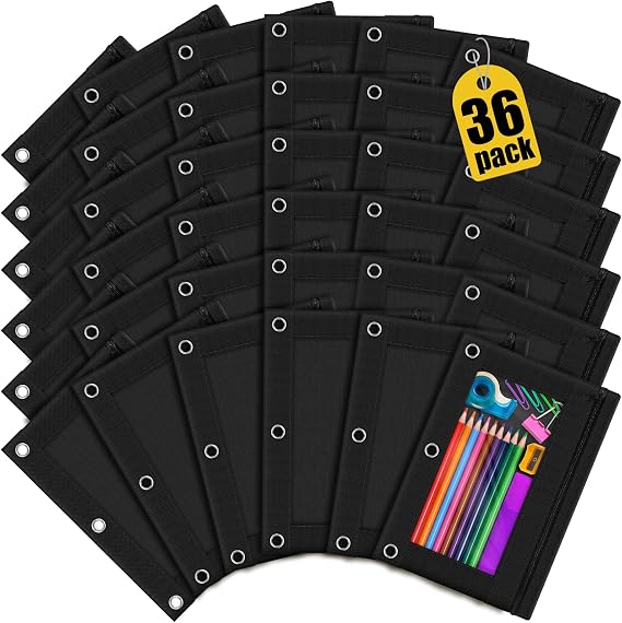 Officygnet Pencil Pouch for 3 Ring Binder, 36 Pack Bulk Black 3-Hole Zipper Pencil Pouches with Clear Window, Sturdy and Durable Cloth Pencil Case for School Office College Supplies