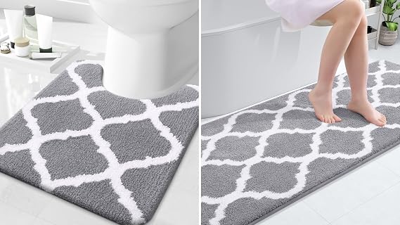 OLANLY Bathroom Rugs 2 Pieces, Microfiber Bath Rugs Size 59x24 and U-Shaped 24x20 in Grey 2 Item Bundle