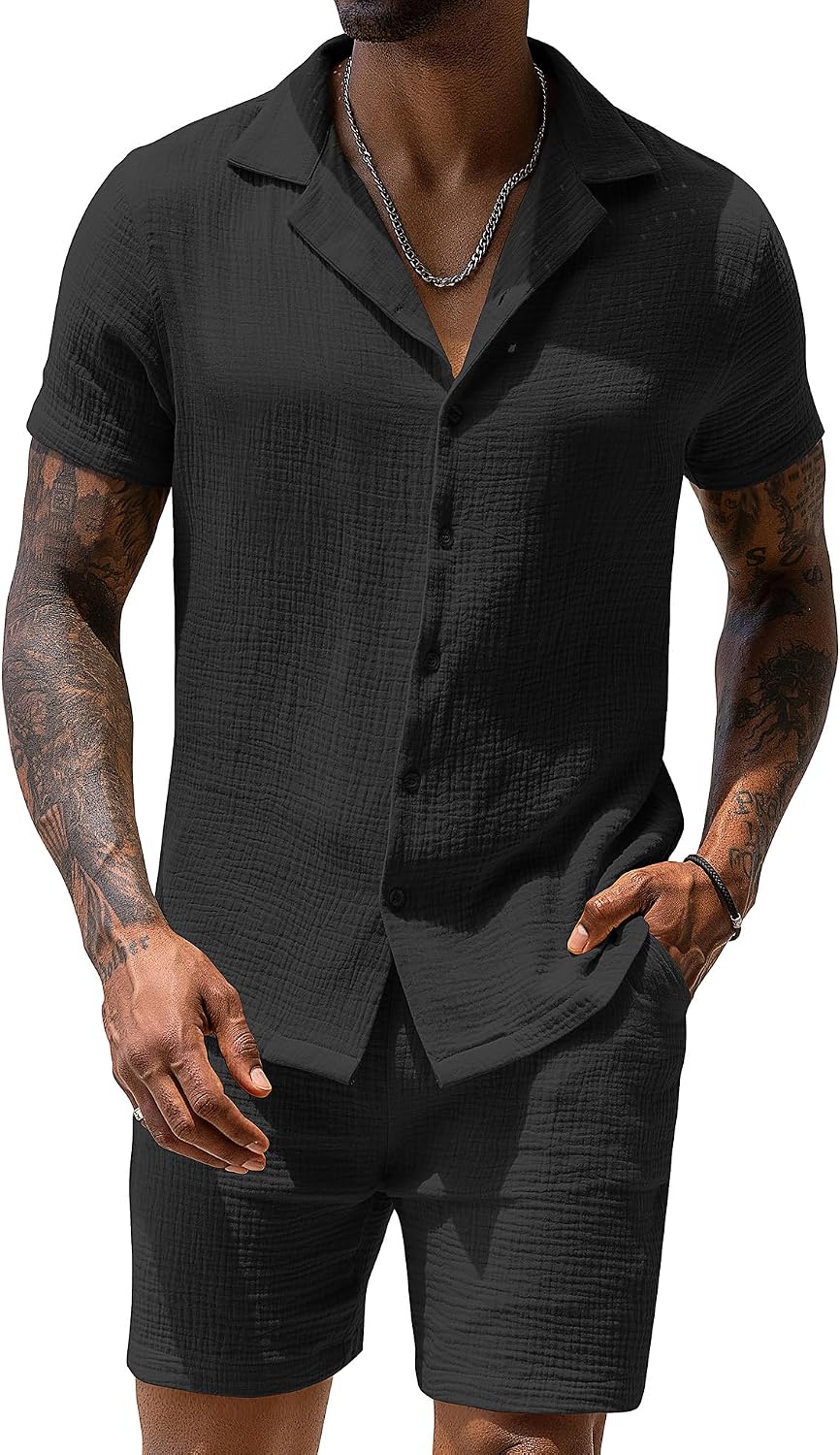 URRU Mens 2 Piece Outfits Summer Fashion Short Sleeve Shirt and Shorts Set Beach Tropical Vacation Outfits Sets