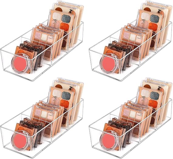 JessLab Acrylic Organizer, 4-Pack Clear Makeup Storage for Vanity, Countertop, Bathroom, Stackable Design for Cosmetics, Jewelry, and Office Supplies, 3 Compartment