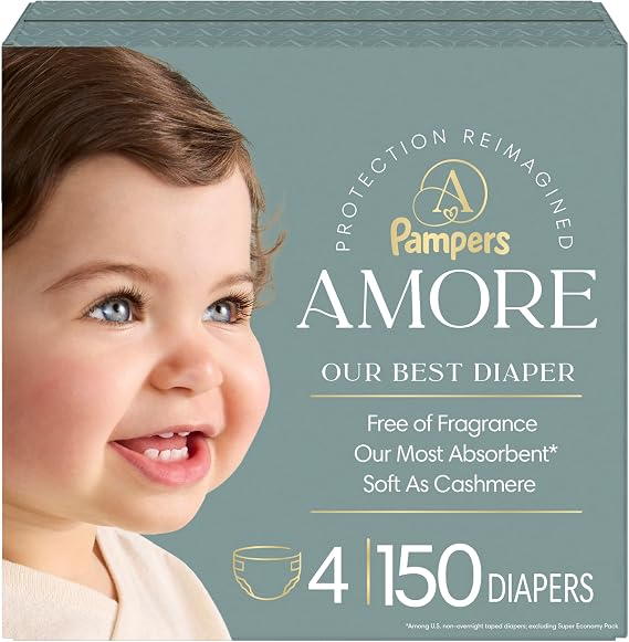 Pampers Amore, Size 4 (15-34 lbs), 150 Count, Our Best Diaper Hypoallergenic & Fragrance Free, Up to 100% Leakproof, Soft as Cashmere