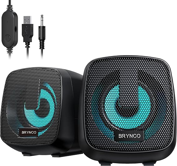 Computer Speakers for Desktop PC, 2.0 Stereo USB-Powered Speakers with 3.5mm AUX, in-Line Volume Control with LED Lights, Compact Plug and Play Speakers for Students, Teens, Monitor, Laptop