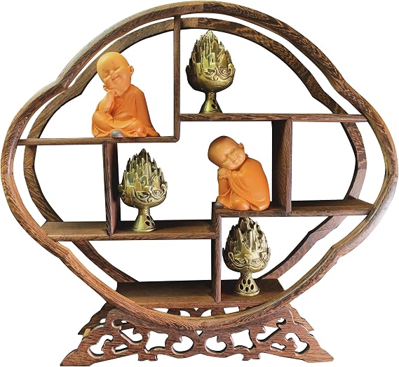 Chicken-Wing Wood Solid Wood Tea Set Vase Display Shelf, Miniature Mahogany Antique Shelf, Chinese-Style Home Decoration Ornaments, With Mini Cute Little Monk and Vintage Incense Burner Miniature Bosh