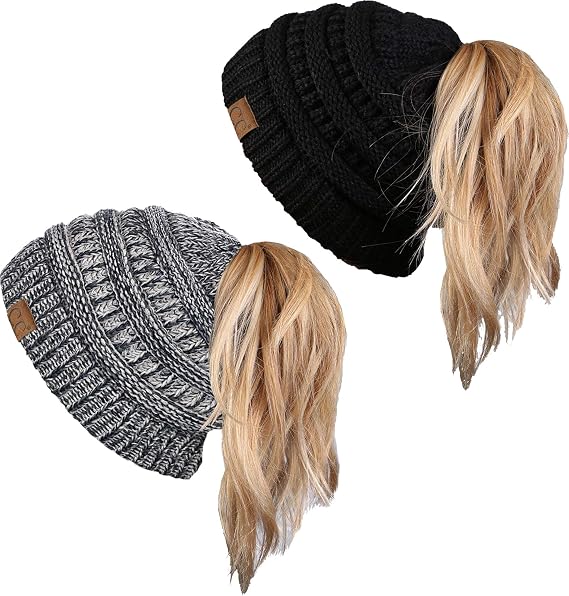 Funky Junque Ponytail Beanie for Women - Winter Hat Soft Stretch Cable Knit High Pony Tail Womens Running Hats