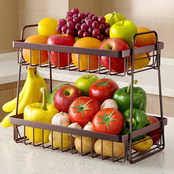 Sakugi Fruit Basket for Kitchen Counter - 2-Tier Fruit Bowl with Removable Banana Hanger & Handles, Rustproof Fruit Holder for Kitchen, Living Room, Bathroom, 13.4"8.7"11.7", Brown