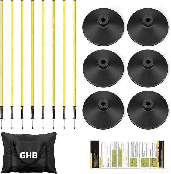 GHB Agility Poles 6 Pack 6ft Spring Loaded Spike Plus 6 Rubber Base