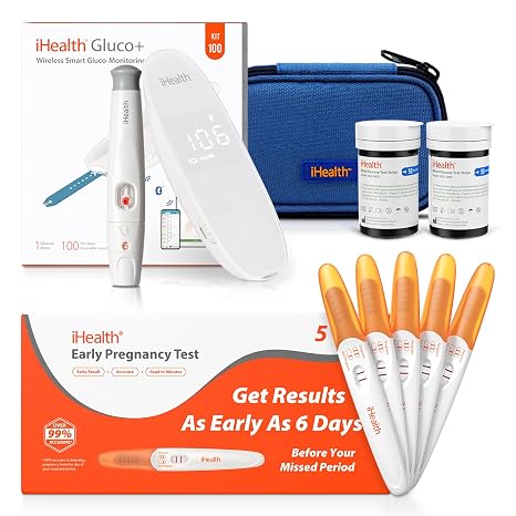 iHealth Pregnancy Test & Blood Sugar Management Bundle: Early Pregnancy Test Kit 5 Tests & BG5S100 Gluco+ Wireless Smart Glucose Monitor with Free App Dual Home Testing for Diabetes Fertility Women