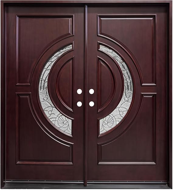 Mahogany Wood Double Doors with the Dual Crescent Glass,30"x30"x80" Left Hand is Swing, Front Entry Door (30"x30"x80", Right-Hand)