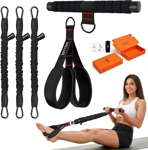 Adjustable Pedal Resistance Band, 3-Tube Pedal Puller for Sit Up Exercise, Tummy Trimmer for Abdomen, Waist, Arm, Leg & Full Body Workout, Home Gym Fitness for Men & Women